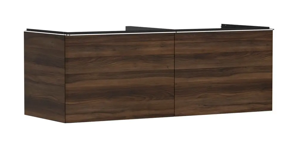 Waschtischunterschrank von Hansgrohe in dunkler Holzoptik mit zwei Schubkästen, geeignet für Aufsatzwaschtische. Schlichte, geometrische Formgebung.
